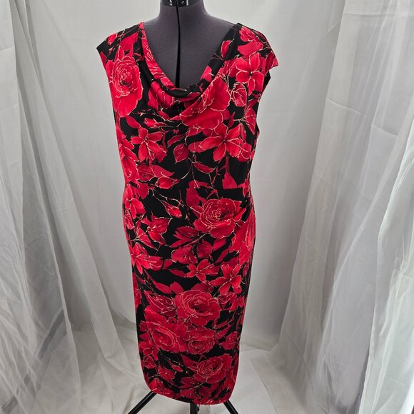718-13 Connected Apparel bodycon Black & Red Rose Print Dress Size 18W - Picture 1 of 7